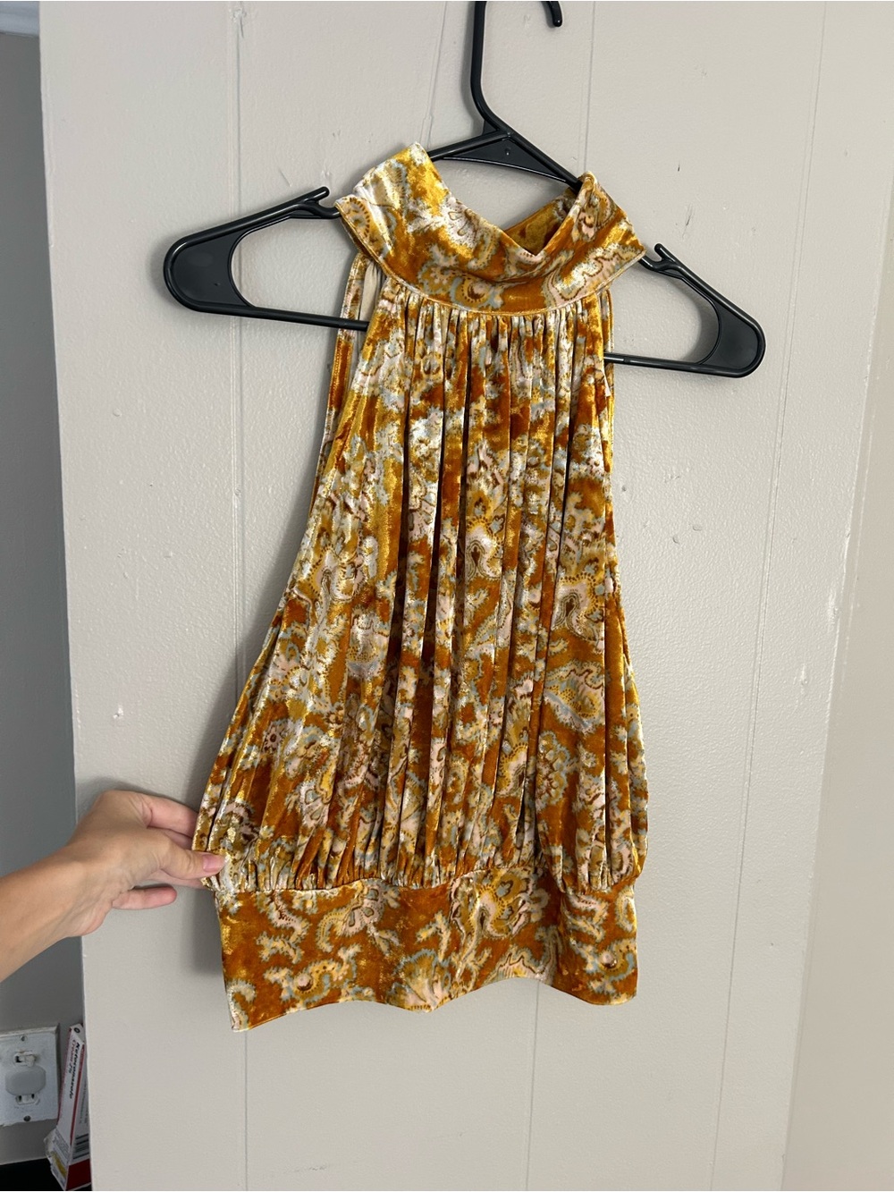 Free People Mustard Velvet Halter Tank with Cream Floral Print